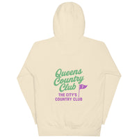 Beige hoodie with 'Queens Country Club' text and logo on a white background