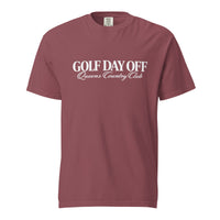 Golf Day Off Tee featuring white f-inspired Queens Country Club graphic on a garment-dyed heavyweight t-shirt.