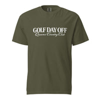 Golf Day Off Tee featuring white vintage inspired Queens Country Club graphic on a garment-dyed heavyweight t-shirt.