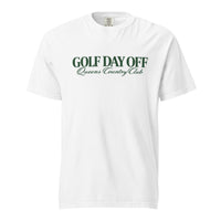 Golf Day Off Tee featuring green vintage inspired Queens Country Club graphic on a garment-dyed heavyweight t-shirt.