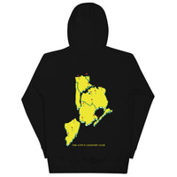 hoodie with green 'Queens Country Club New York' text on front Minimalist NYC golf streetwear inspired by borough pride and classic athletic aesthetics. Back of hoodie featuring bold yellow map of New York City’s five boroughs with red golf flags and the tagline 'The City’s Country Club.' Unique public golf-inspired streetwear celebrating NYC municipal golf culture