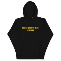 hoodie with green 'Queens Country Club New York' text on front Minimalist NYC golf streetwear inspired by borough pride and classic athletic aesthetics. Back of hoodie featuring bold yellow map of New York City’s five boroughs with red golf flags and the tagline 'The City’s Country Club.' Unique public golf-inspired streetwear celebrating NYC municipal golf culture