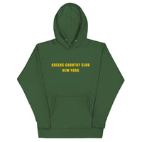 hoodie with green 'Queens Country Club New York' text on front Minimalist NYC golf streetwear inspired by borough pride and classic athletic aesthetics. Back of hoodie featuring bold yellow map of New York City’s five boroughs with red golf flags and the tagline 'The City’s Country Club.' Unique public golf-inspired streetwear celebrating NYC municipal golf culture