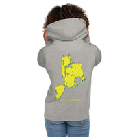 hoodie with green 'Queens Country Club New York' text on front Minimalist NYC golf streetwear inspired by borough pride and classic athletic aesthetics. Back of hoodie featuring bold yellow map of New York City’s five boroughs with red golf flags and the tagline 'The City’s Country Club.' Unique public golf-inspired streetwear celebrating NYC municipal golf culture