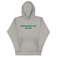 hoodie with green 'Queens Country Club New York' text on front Minimalist NYC golf streetwear inspired by borough pride and classic athletic aesthetics. Back of hoodie featuring bold yellow map of New York City’s five boroughs with red golf flags and the tagline 'The City’s Country Club.' Unique public golf-inspired streetwear celebrating NYC municipal golf culture