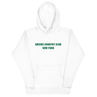 hoodie with green 'Queens Country Club New York' text on front Minimalist NYC golf streetwear inspired by borough pride and classic athletic aesthetics. Back of hoodie featuring bold yellow map of New York City’s five boroughs with red golf flags and the tagline 'The City’s Country Club.' Unique public golf-inspired streetwear celebrating NYC municipal golf culture