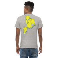 Queens Country Club T-shirt featuring minimalist front text 'Queens Country Club New York' and bold back graphic of NYC borough map with golf flags. Public golf streetwear celebrating New York City's municipal golf culture