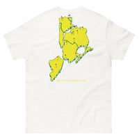 Queens Country Club T-shirt featuring minimalist front text 'Queens Country Club New York' and bold back graphic of NYC borough map with golf flags. Public golf streetwear celebrating New York City's municipal golf culture