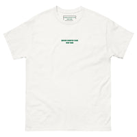 Queens Country Club T-shirt featuring minimalist front text 'Queens Country Club New York' and bold back graphic of NYC borough map with golf flags. Public golf streetwear celebrating New York City's municipal golf culture