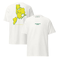 Queens Country Club T-shirt featuring minimalist front text 'Queens Country Club New York' and bold back graphic of NYC borough map with golf flags. Public golf streetwear celebrating New York City's municipal golf culture