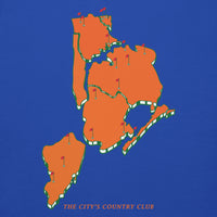 NY Mets Masters
Theme Map- hoodie with green 'Queens Country Club New York' text on front Minimalist NYC golf streetwear inspired by borough pride and classic athletic aesthetics. Back of hoodie featuring bold yellow map of New York City’s five boroughs with red golf flags and the tagline 'The City’s Country Club.' Unique public golf-inspired streetwear celebrating NYC municipal golf culture