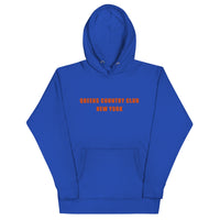 QCC NY Mets Masters Front- hoodie with green 'Queens Country Club New York' text on front Minimalist NYC golf streetwear inspired by borough pride and classic athletic aesthetics. Back of hoodie featuring bold yellow map of New York City’s five boroughs with red golf flags and the tagline 'The City’s Country Club.' Unique public golf-inspired streetwear celebrating NYC municipal golf culture