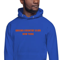 QCC NY Mets Masters Front Embroidery- hoodie with green 'Queens Country Club New York' text on front Minimalist NYC golf streetwear inspired by borough pride and classic athletic aesthetics. Back of hoodie featuring bold yellow map of New York City’s five boroughs with red golf flags and the tagline 'The City’s Country Club.' Unique public golf-inspired streetwear celebrating NYC municipal golf culture