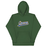 Green Queens Country Club hoodie featuring vintage script Queens logo on chest.