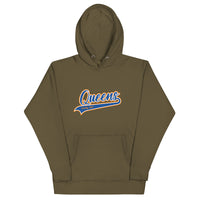 Military Green Queens Country Club hoodie featuring vintage script Queens logo on chest.