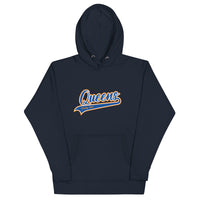 Navy Queens Country Club hoodie featuring vintage script Queens logo on chest.