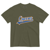 Sage Queens Country Club T-shirt featuring vintage Queens script logo on the chest