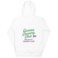White hoodie with 'Queens Country Club' text and logo on a white background