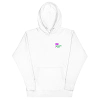 White hoodie with a logo on the chest against a white background