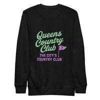 Queens Country Club sweatshirt with front left chest flag logo and large back graphic reading “Queens Country Club – The City’s Country Club
