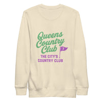 Queens Country Club sweatshirt with front left chest flag logo and large back graphic reading “Queens Country Club – The City’s Country Club