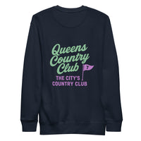 Queens Country Club sweatshirt with front left chest flag logo and large back graphic reading “Queens Country Club – The City’s Country Club