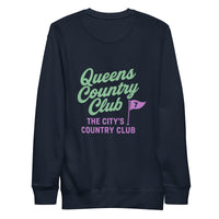 Queens Country Club sweatshirt with front left chest flag logo and large back graphic reading “Queens Country Club – The City’s Country Club