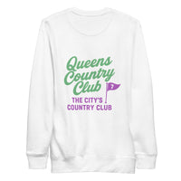 Queens Country Club sweatshirt with front left chest flag logo and large back graphic reading “Queens Country Club – The City’s Country Club
