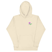 hoodie with Queens Country Club flag logo on front and large back design featuring “Queens Country Club” text and 7-flag with “The City’s Country Club.”