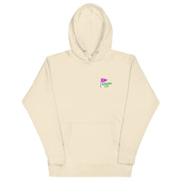 hoodie with Queens Country Club flag logo on front and large back design featuring “Queens Country Club” text and 7-flag with “The City’s Country Club.”