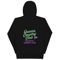 hoodie with QCC chest flag and bold back graphic. “The City’s Country Club” slogan repping NYC golf pride and everyday borough lifestyle.