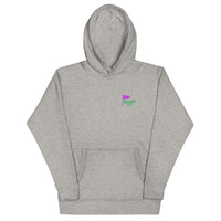 Carbon grey hoodie with QCC chest flag and bold back graphic. “The City’s Country Club” slogan repping NYC golf pride and everyday borough lifestyle