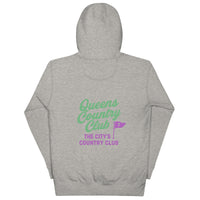Carbon grey hoodie with QCC chest flag and bold back graphic. “The City’s Country Club” slogan repping NYC golf pride and everyday borough lifestyle