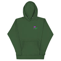 Green hoodie with Queens Country Club flag logo on front and large back design featuring “Queens Country Club” text and 7-flag with “The City’s Country Club