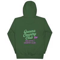 Green hoodie with Queens Country Club flag logo on front and large back design featuring “Queens Country Club” text and 7-flag with “The City’s Country Club