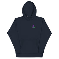 Navy hoodie with QCC chest flag and bold back graphic. “The City’s Country Club” slogan repping NYC golf pride and everyday borough lifestyle