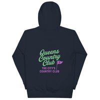 Navy hoodie with Queens Country Club flag logo on front and large back design featuring “Queens Country Club” text and 7-flag with “The City’s Country Club