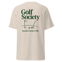 Queens Country Club Golf Society graphic tee with golf flag and putter design NYC golf culture shirt