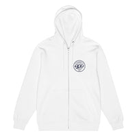 Queens Country Club “QCG Globe” Premium Full-Zip Hoodie – white front