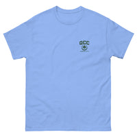 Queens Country Club sky blue T-shirt with forest green Queens Borough Golf & Recreation Dept. back graphic and small QCC logo on front chest
