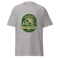 Sport Grey unisex T-shirt featuring a vintage-style graphic for the "Queens Golf Open 2025." The design includes the Unisphere at the center, surrounded by silhouettes of iconic NYC buildings, a golf ball, and a flagstick. The text "QUEENS GOLF OPEN 2025" is prominently displayed in cream and green tones within a badge-like emblem.