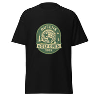 Black unisex T-shirt featuring a vintage-style graphic for the "Queens Golf Open 2025." The design includes the Unisphere at the center, surrounded by silhouettes of iconic NYC buildings, a golf ball, and a flagstick. The text "QUEENS GOLF OPEN 2025" is prominently displayed in cream and green tones within a badge-like emblem.