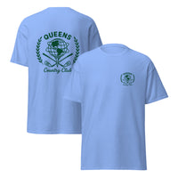 Light blue t-shirt with 'Queens Country Club' logo on front and back Queens Unisphere Golf Ball Tee