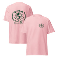 Pink t-shirt with 'Queens Country Club' logo on front and back Queens Unisphere Golf Ball Tee