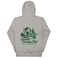 Gray hoodie with green 'Queens Country Club' logo . Queens Unisphere Golf Hoodie
