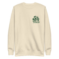 Beige sweatshirt with a green and black logo on a white background- Queens Unisphere Golf Sweatshirt