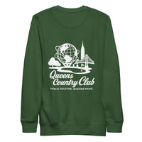 Green sweatshirt with white graphic and text Queens Unisphere Golf Sweatshirt