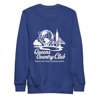 Blue sweatshirt with white graphic and text Queens Unisphere Golf Sweatshirt