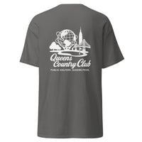 Gray t-shirt with 'Queens Country Club' logo on the back Queens Unisphere Golf Tee