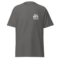 Gray t-shirt with a logo on the chest against a white background Queens Unisphere Golf Tee